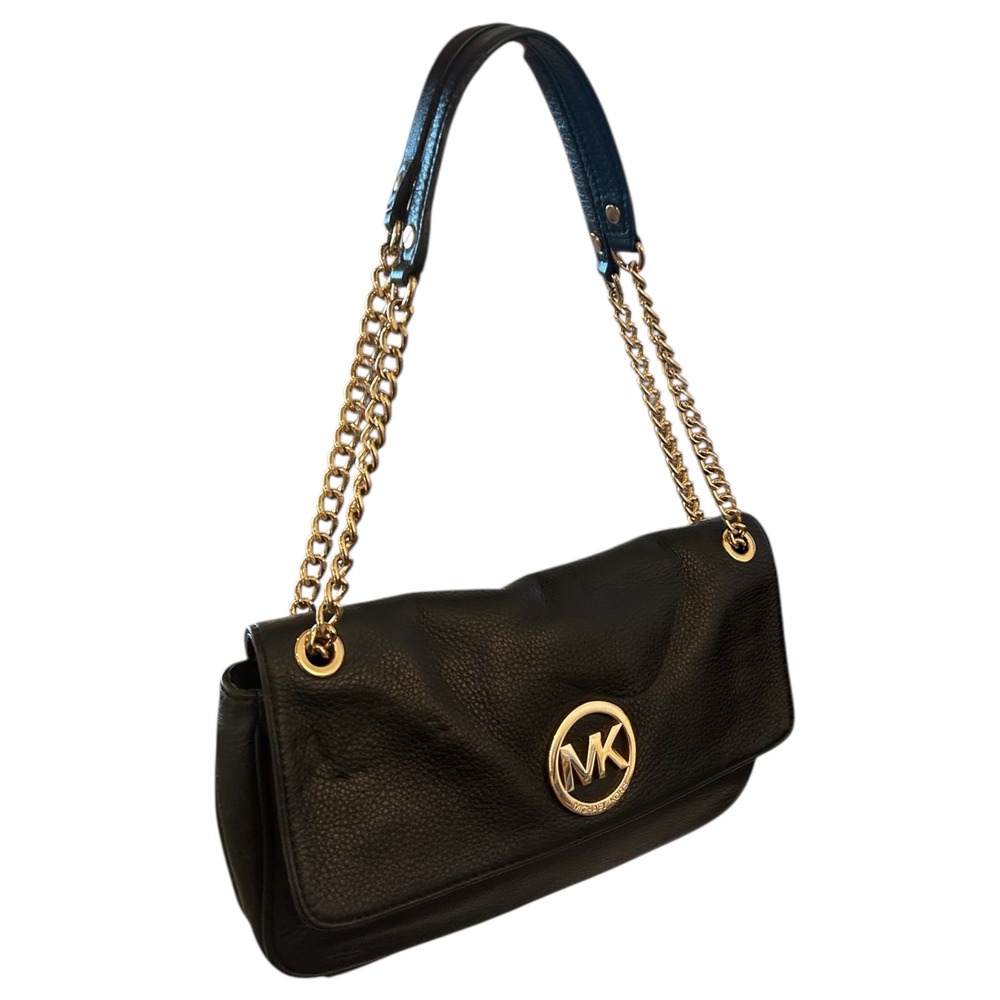 Michael Kors Black Leather Chain Shoulder Bag Gold MK Logo